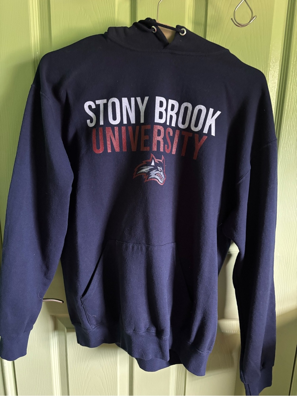 Stony Brook University Navy Hoodie with Red & White Logo
